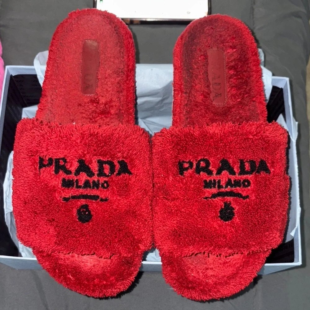 Prada Red Fuzzy Slide Sandals - Picture 4 of 9